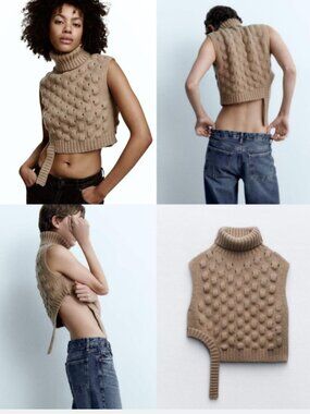 NEW Zara Knit Asymmetric Cutouts Textured Turtleneck Sweater Size S